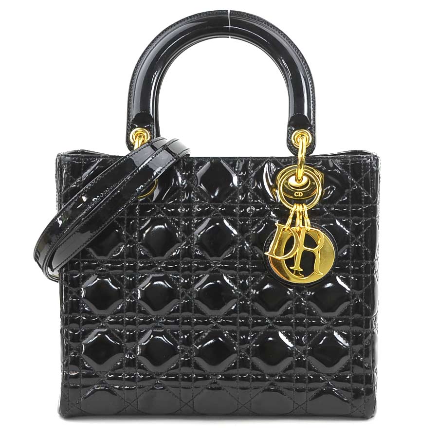 クリスチャンディオール Christian Dior ハンドバッグ ショルダーバッグ レディディオール パテントレザー ブラック ゴールド レディース e60317k