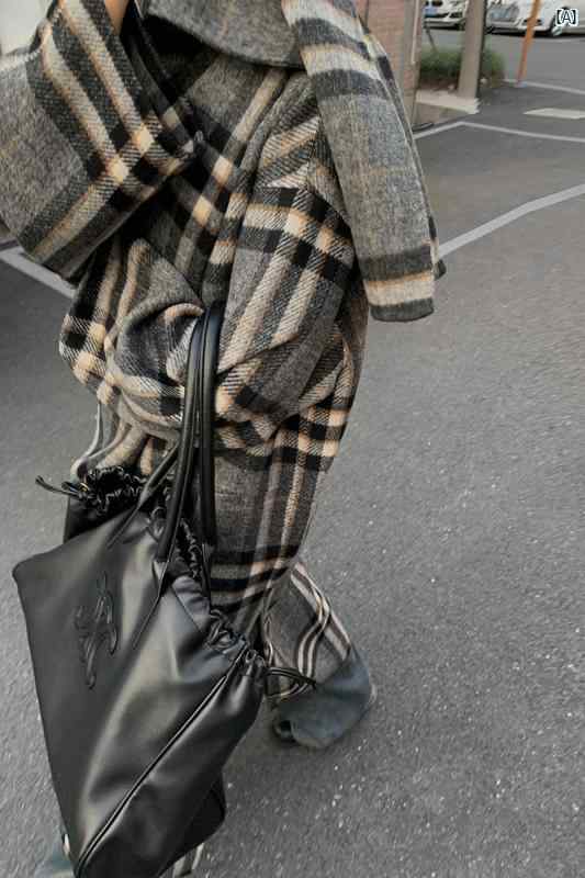 レディース　Y2K アーバンファッション　海外ファッション　レディース　おしゃれ Luobian レトロ チェック柄 両面 ウール コート 春秋 ハイエンドミドル丈 膝上 スリット 付き