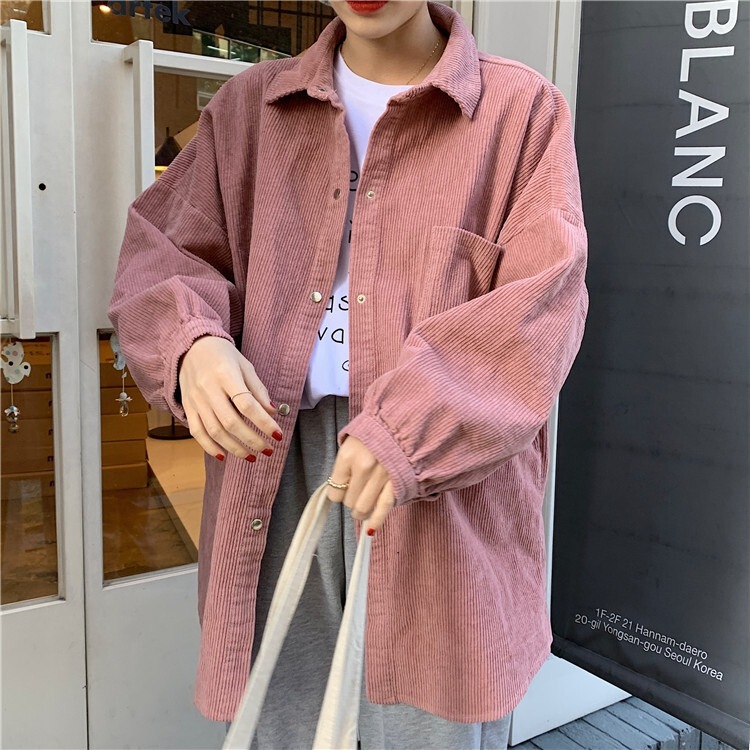 4色 アウター ジャケット レディース 秋冬 春 かわいい きれいめ 個性的 暖かい シャツジャケット ロング 長袖 ボリューム袖 萌袖 ボタンダウン レギュラーカラー BIGシルエット ポケット 前