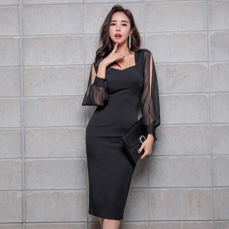 新作 秋冬 レディース ワンピース ワンピドレス 膝丈 ひざ丈 膝下 長袖 Vネック スリム タイト