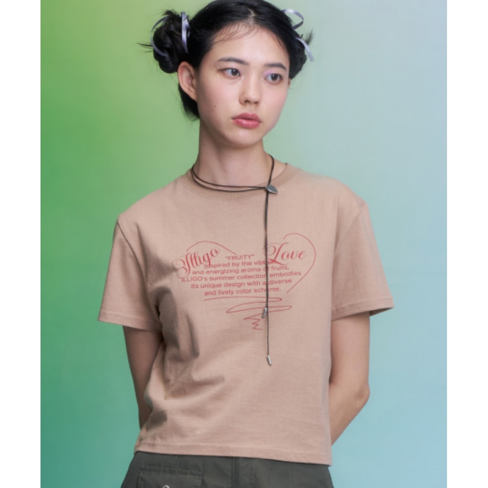 ILLIGO ハートレタリングルーズクロップ T シャツベージュ