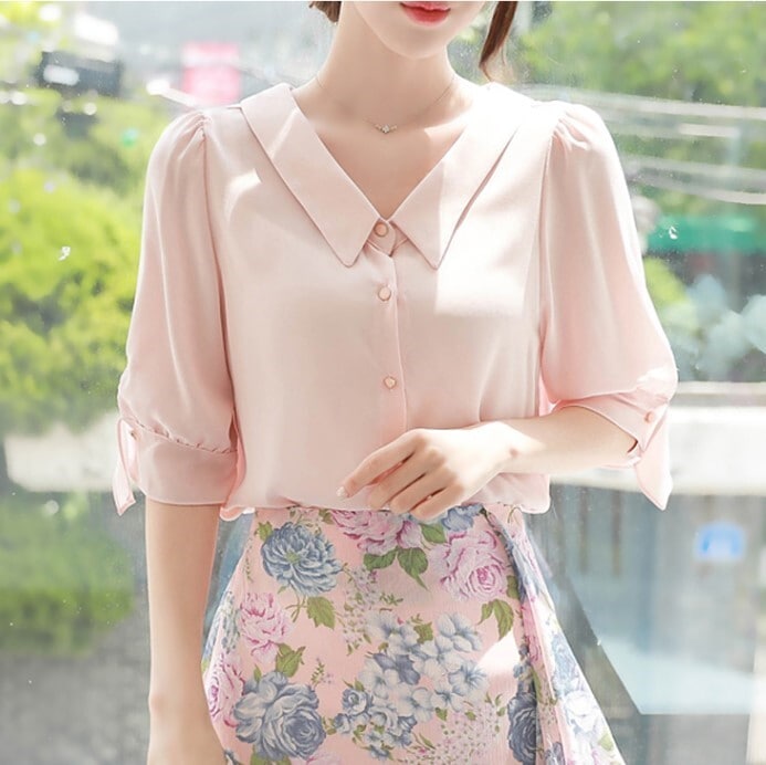 トップス レディース シャツ ブラウス S M L XL 2XL 韓国 半袖 シフォン 襟付き かわいい 大人可愛い きれいめ エレガント 清楚 フェミニン おしゃれ お洒落 綺麗 お嬢様 おとな