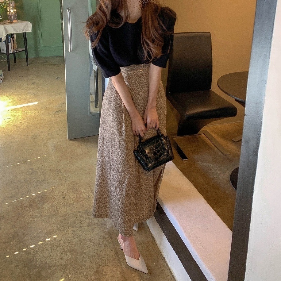 セットアップ レディース スカート トップス S M 韓国 Tシャツ ロング ハイウエスト 2点セット フラワー 花柄 小花柄 半袖 パフスリーブ set アンティーク レトロ 花柄 ボトムス セット