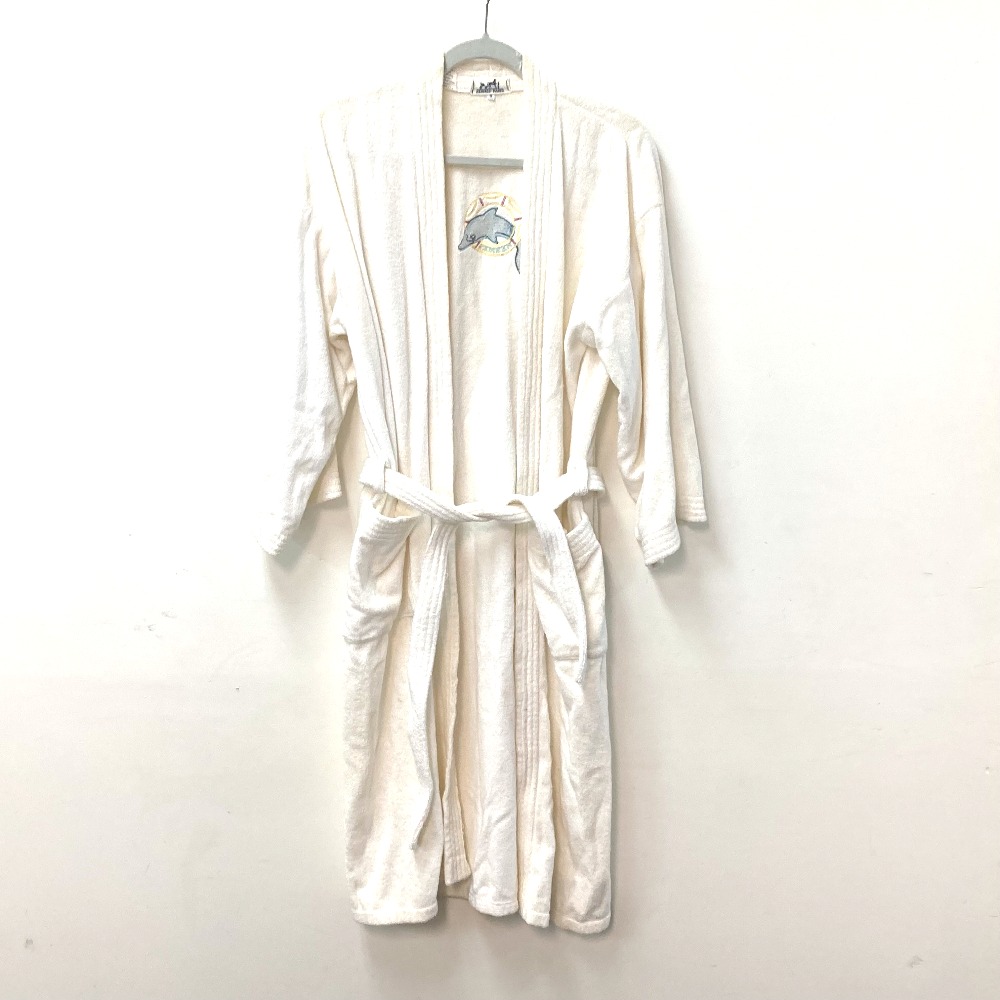 トップスその他 イルカ刺繍 ロゴ バスローブ ガウン ルームウェア パイル ルームウェア 長袖 ロング コットン ホワイト