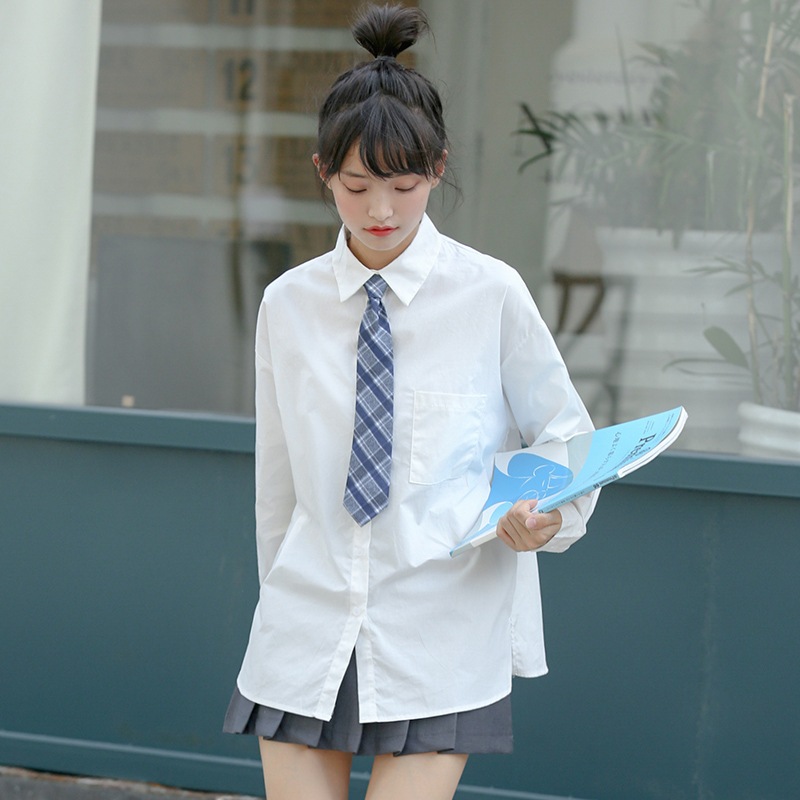 ホワイト長袖シャツ レディース デザイン ネクタイ付き 学生 レトロカレッジ風561