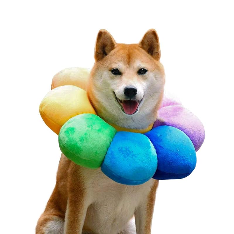 Komiiビーズ エリザベスカラー 猫用 兔用 小型犬用 ペット用品 傷舐め防止 かわいいひまわり型 調節可能 柔らかい 超軽量 通気性 傷口保護 手術後のケアに (L, レインボー)