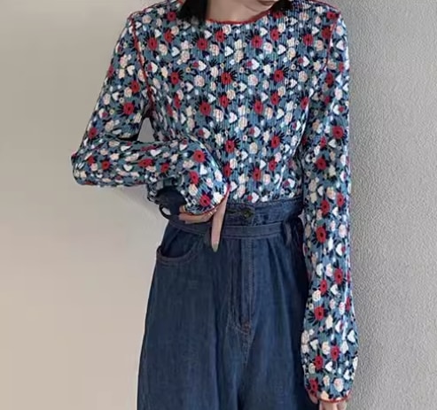 トップス 大人可愛い カラフル カットソー 長袖 ラウンドネック リブ 伸縮性 薄手 かわいい きれいめ シンプル カジュアル 大人 おしゃれ お洒落 レトロ アジアン 大人女子 こなれ感 ガーリー