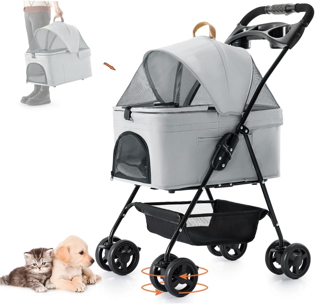 折りたたみ式2way分離型ペットカート 4輪360度回転 取り外し可能 耐荷重15kg 小型犬から中型犬 猫兼用 介護用 旅行対応 軽量多機能