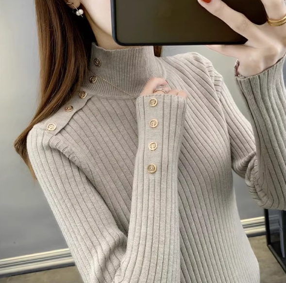 レディース トップス ニット 長袖 ハイネック スリム フェミニン ボタン ヴィンテージ ニット かわいい 大人可愛い きれいめ シンプル 上品 おしゃれ こなれ感 クール キュート 都会的