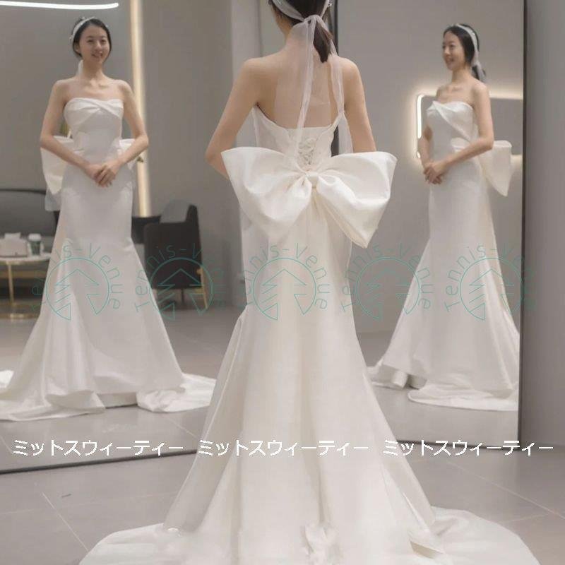 ウエディングドレス 二次会 花嫁 前撮り ビスチェ ウェディングドレス ロングドレス バックリボン