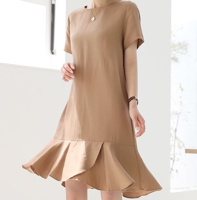 [韓国ファッション] フリル切替 可愛らしいリネンワンピース