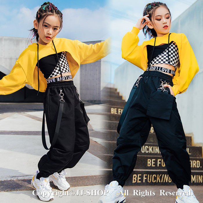 3点セット サルエルパンツ イエロー 長袖 ジャズダンス衣装 タンクトップ キッズ ダンス衣装 パン