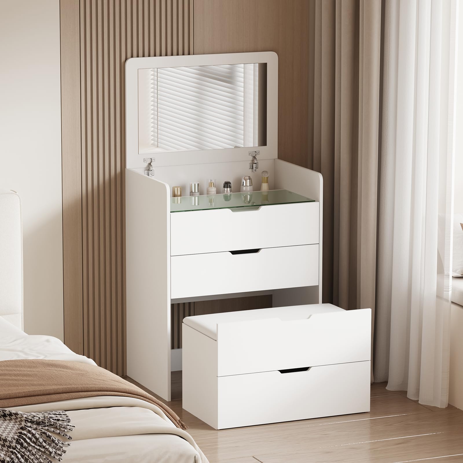 ドレッサー コンパクト キャビネット 鏡付き 引き出し付き 化粧台 スツールセット コスメ収納 ナイトテーブル 寝室 サイドテーブル リビング メイクボックス 椅子付き 木製 ベッド横 ソファーサイド