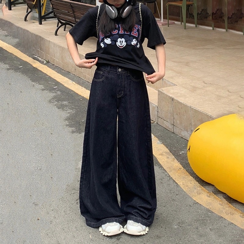 韓国版 レトロ デニムボトムス ワイドパンツ ゆったり ドレープ感 ストレートパンツ コーディネート 春夏 ジョガーパンツ モップパンツ ファッション 着痩せ