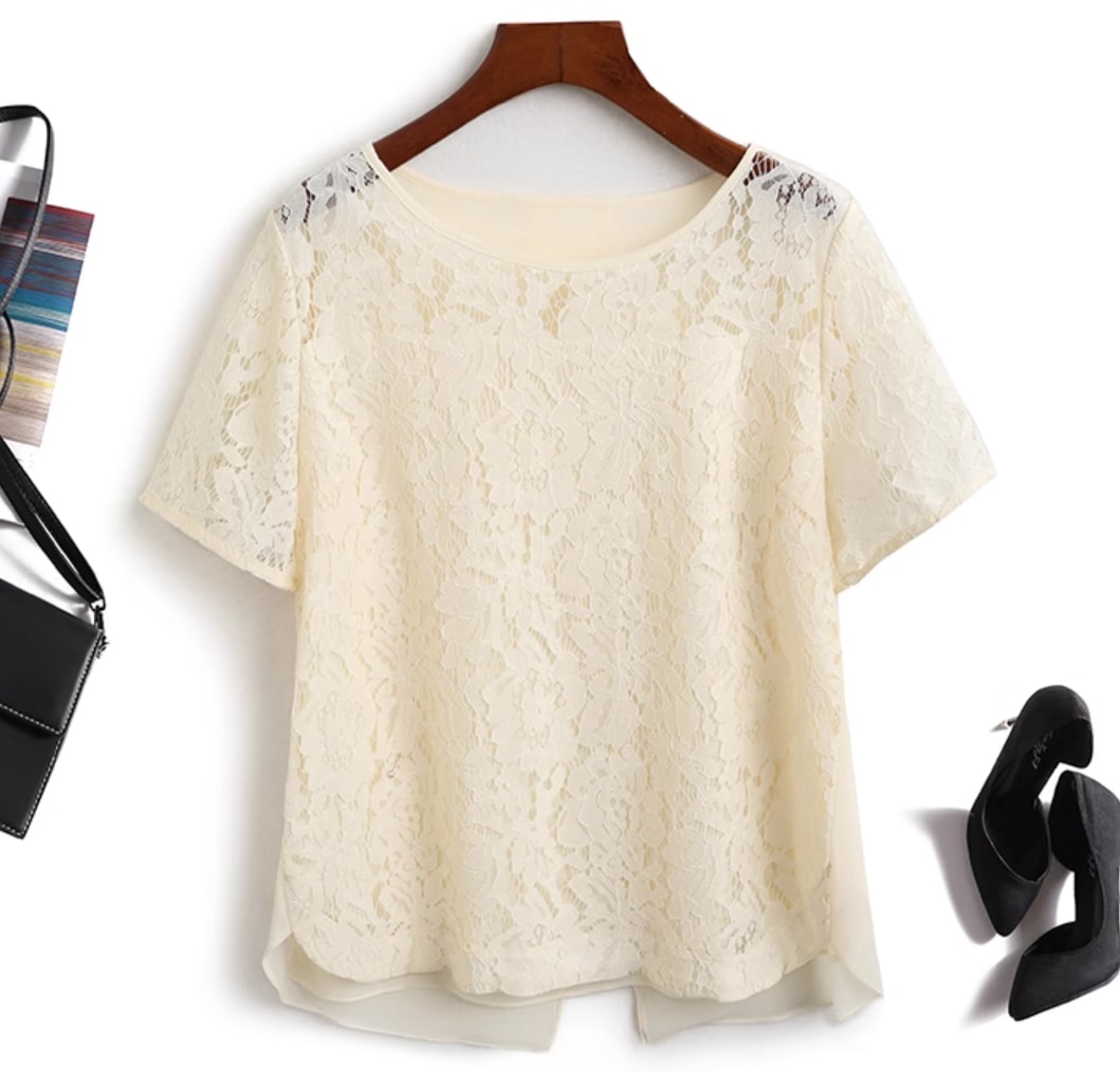 トップス カットソー Tシャツ レディース 半袖 ラウンドネック クルーネック フレア セミフレア フェミニン レース シフォン 薄手 かわいい 大人可愛い きれいめ シンプル カジュアル おしゃれ