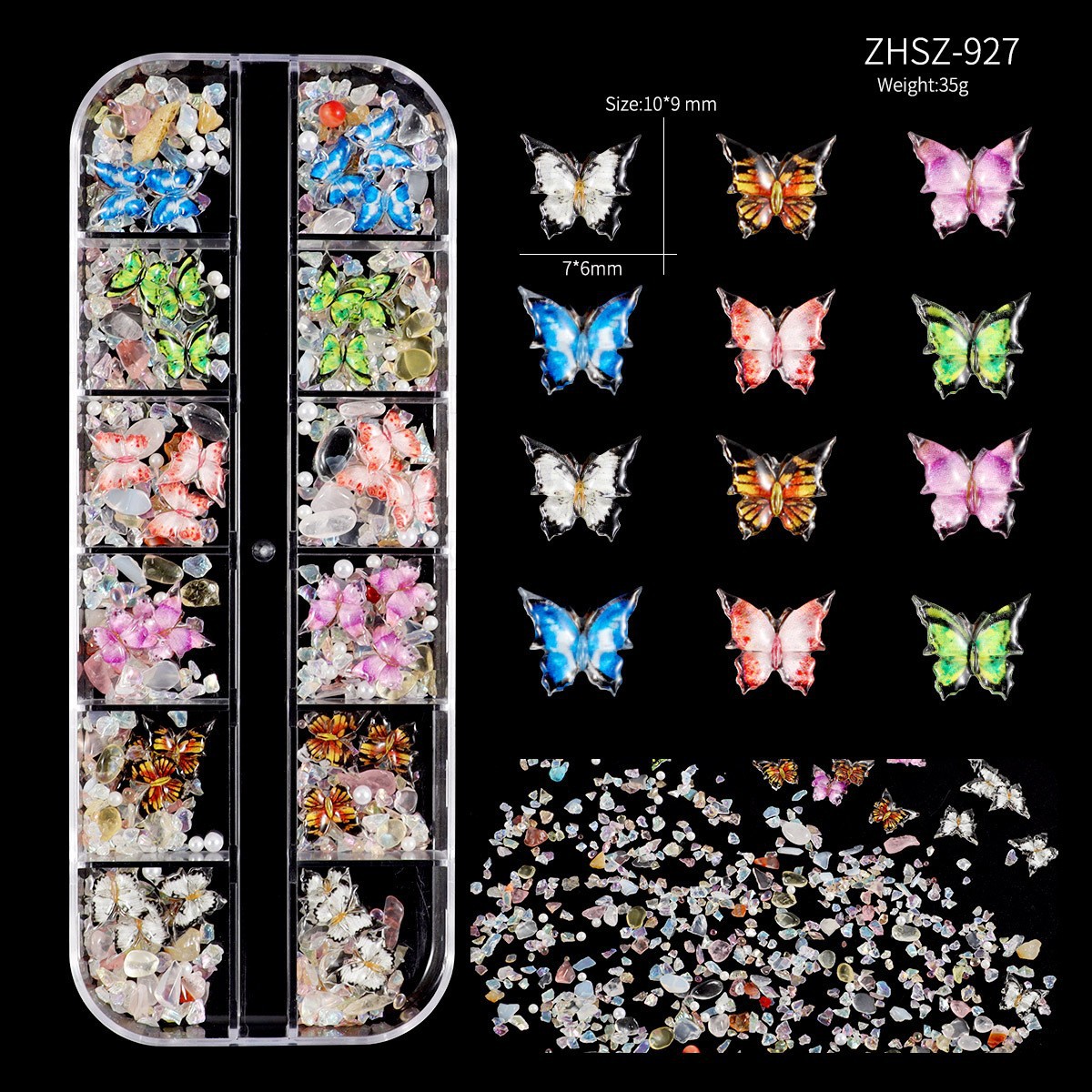 【1点ご購入 で10点プレゼントいたします】12マス立体蝶氷透過不規則砕石ネイルアクセサリー詰め合わせ
