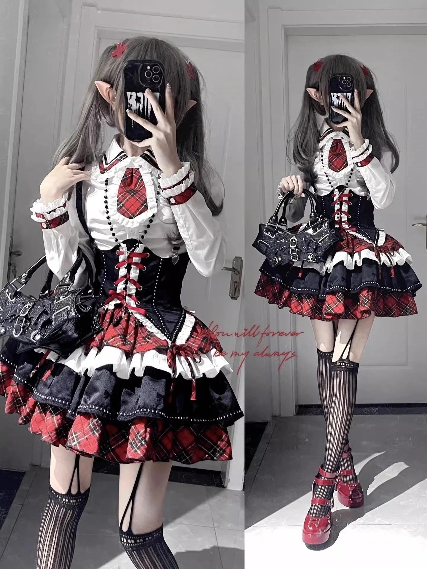 ロリータコントラストカラーストラップベルト付きシャツパフスカートスーツプリンセススカートロリータロールプレイング30パーセント割引