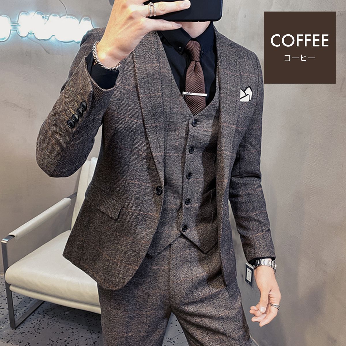 3ピーススーツセットアップメンズチェッIク柄１つボタンスリーピーススーツ3点セットビジネススーツフォーマル紳士服結婚式入学式通勤ビジネススリム大きいサイズM5L
