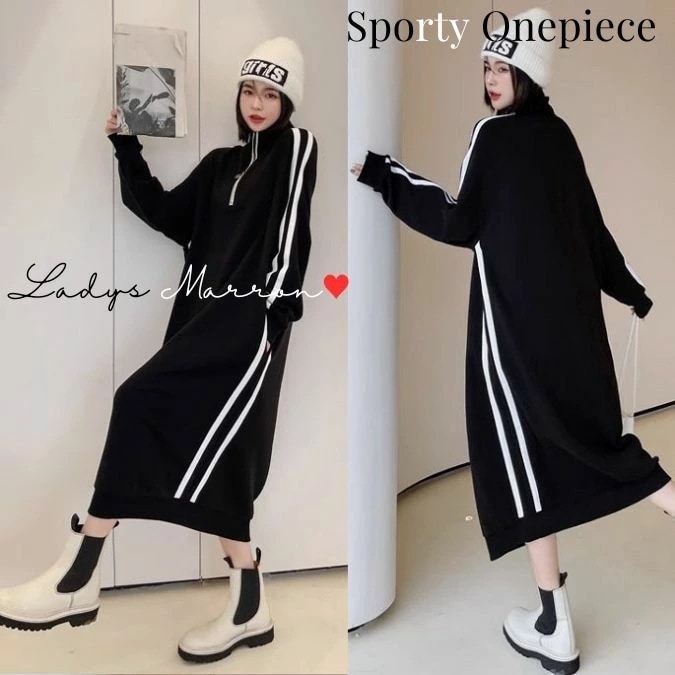 【即納】ジャージワンピース スウェットロングワンピース スポーティワンピース スポーツワンピース レディース ワンピース パーカーワンピース ロングワンピース 韓国 スタンドカラー 春 秋 冬 長袖