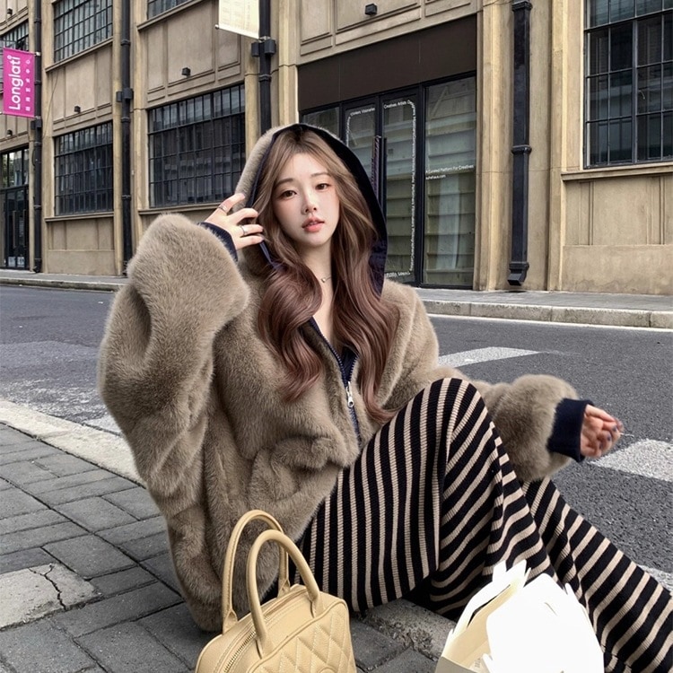 短納期2025 秋冬ふっくら中綿裹起毛 2wayジャケットフード付き厚手防寒あったか柄アウター暖かい羽織るかわいいジップアップフェイクムートン長袖トレンド裏レトロサイズシルエット韓国ファッションレディ