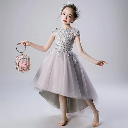 [高品質]子供 ドレス ロング ミモレ丈 フィッシュテール 大人っぽい グレー おしゃれ キッズドレス ピアノ 発表会 女の子 ドレス 子ども 誕生日 結婚式 フォーマル ロング フレア 袖あり 半袖