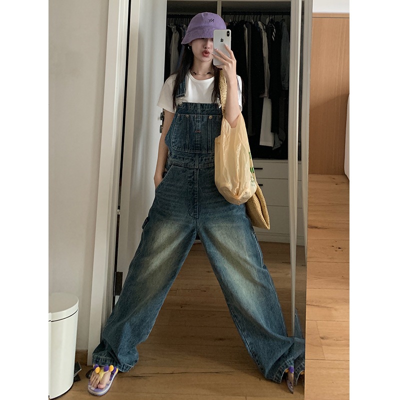南濤レトロ重工業デニムオーバーオールレディース 2024 春ゆったり小さい年齢軽減ワイドレッグフロアモッピングパンツ