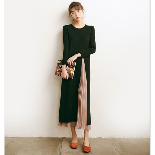ニットフォーマルワンピース シフォン切替ワンピ カットソーワンピ プリーツ 女性美up