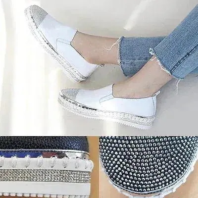 販促-送費無料品質の本革生地 キラキラキュービックが可愛いスリッポン レディー スリッポン レースアップ シューズ スニーカー ローファー フラット