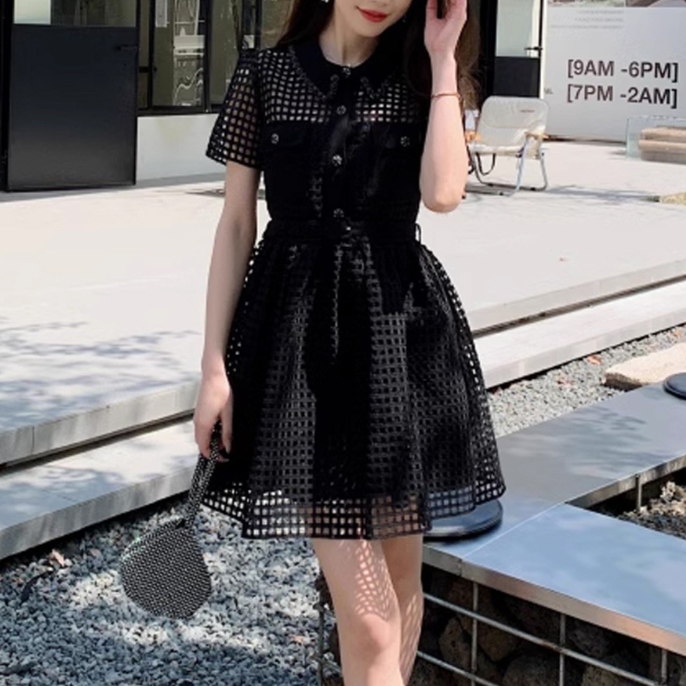 レースワンピース チェック柄レース フレアミニワンピース 韓国 レディース オルチャン シースルー 透け感 黒 ブラック ショート丈 半袖 Vネック 襟付き ベルト ハイウエスト ボタン