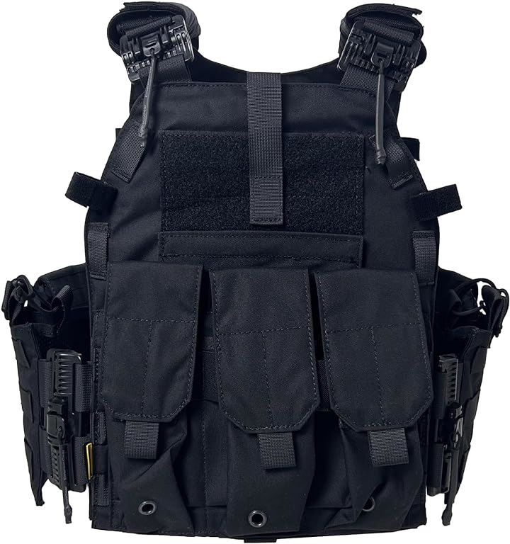 タクティカルベスト 500Dナイロン ミリタリー サバゲー 実物 プレートキャリア マガジンポーチ MOLLEシステム バックル付き チェストリグ用 サイズ調整 軽量( ブラック)