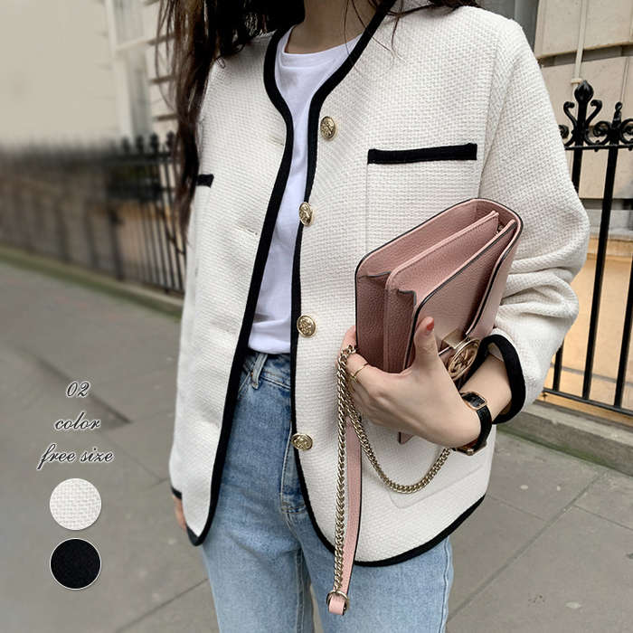 ジャケット レディース 春 秋 ツイード ノーカラー スーツジャケット ショート丈 フォーマル ツイード スーツ カーディガン 春 秋 着痩せ 体型カバー シンプル カジュアル おしゃれ 春 秋 長