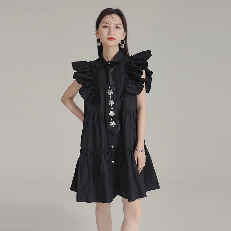 【J.Fashion】 2024夏新品 フリルワンピース ショート ネクタイ付き 体型カバー チュニック UVカット ラッシュカード 水陸両用 関連商品は店で購入可能30%までに制限