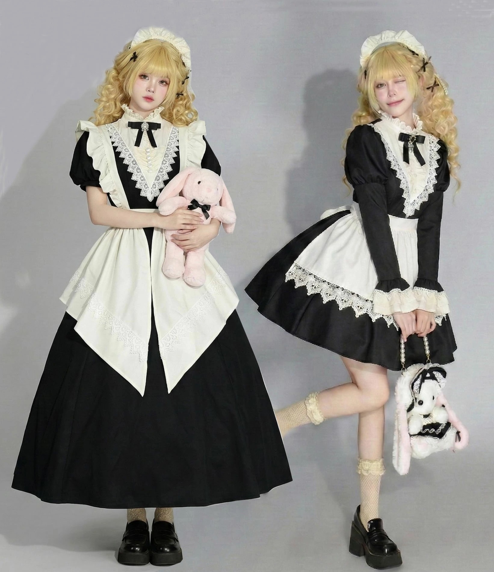 迅速な出荷 ゴシック メイド服 ロング丈 ショート丈 半袖 長袖 メイドコスチューム ハイネック エプロンドレス ウェイトレス 女装 大人 修道女 シスター コスチューム 裾レース ハロウィン メイド