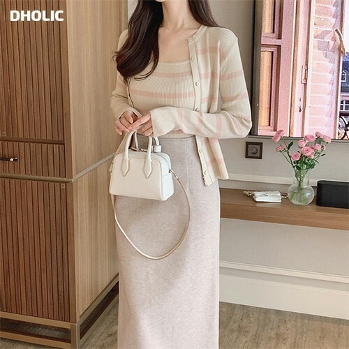 [メガ割りSALE]ボーダーニットノースリーブ&カーディガンSET