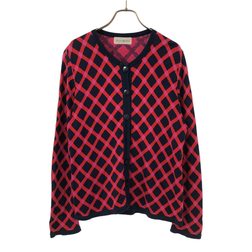 90s 総柄 長袖 ニットカーディガン M ネイビー×レッド オールド ヴィンテージ レディース