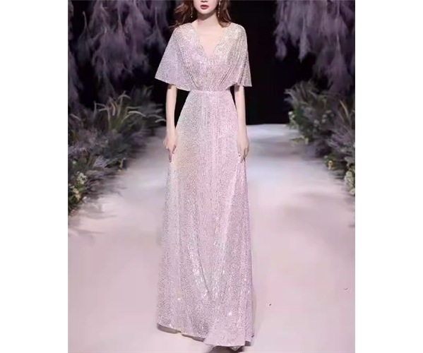 レディース ドレス イブニングドレス パーティードレス ロング マキシ 半袖 5分袖 Vネック Aライン ウエストマーク スパンコール 大人可愛い きれいめ シンプル カジュアル 上品 おしゃれ