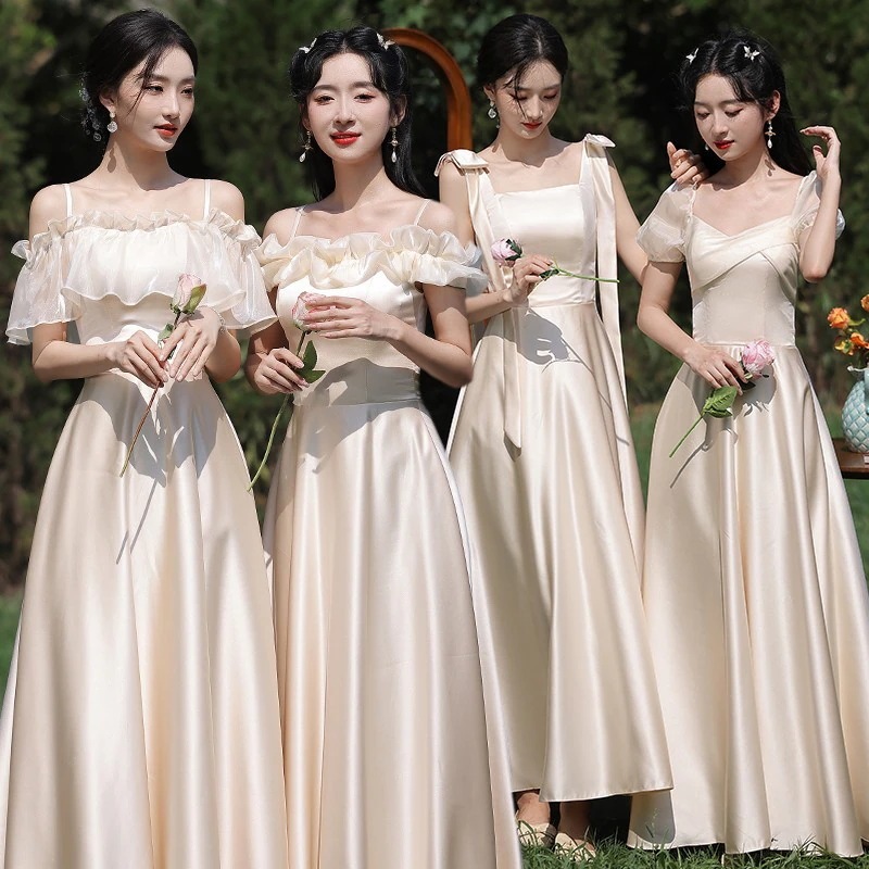 新しい花嫁介添人ドレスウェディングサテンスリムフィットドレス卒業式エレガントなロングドレスシャンパンカラーAライン