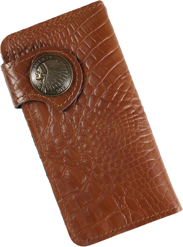 財布 メンズ バイカーズウォレット 長財布 クロコダイル 本革 牛革 クロコ型押し ライダースウォレット レザーウォレット 二つ折り 革財布 メンズ長財布( ブラウンxインディアン)