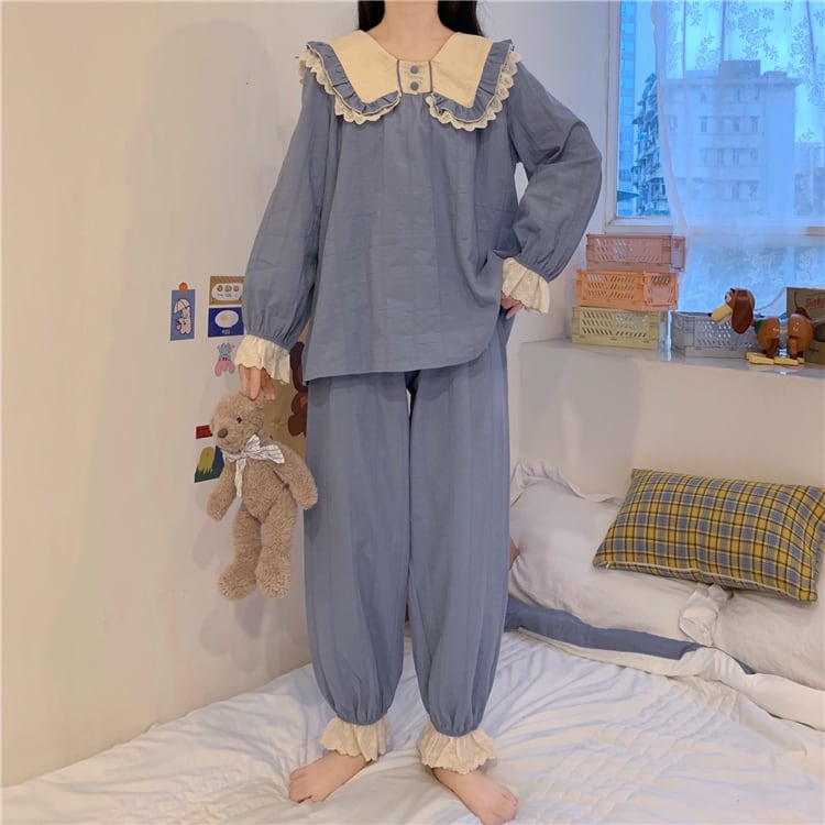 2color パジャマ ネグリジェ ルームウェア 寝巻 リラックスウェア リボン 長袖 大きめ