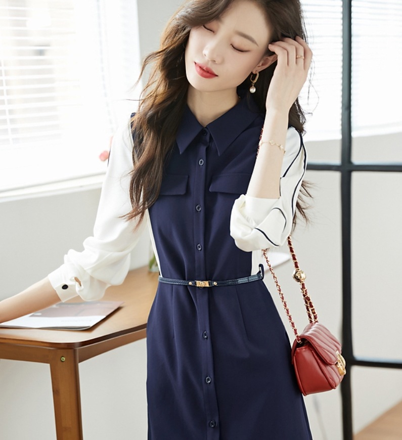 デート モテアイテム シャツワンピース 膝丈 長袖 ウエストマーク 切り替えデザイン 可愛い きれいめ 上品 おしゃれ かっこいい 可愛い ラブリー キュート ガーリー クール モード系