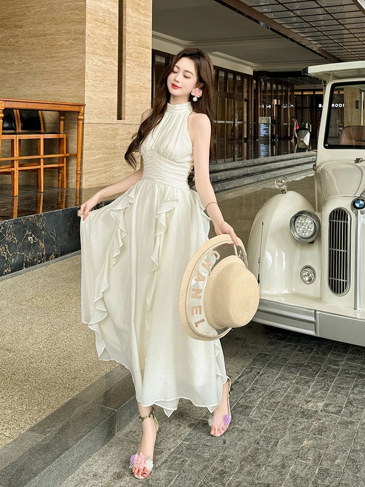 2024夏新品 ホルダーネック シフォンワンピース フリル お姫様 リゾート ボヘミア ドレス パーティー キャバ 大人 同窓会 披露宴 卒業式 結婚式 演奏会 ウェディング 二次会