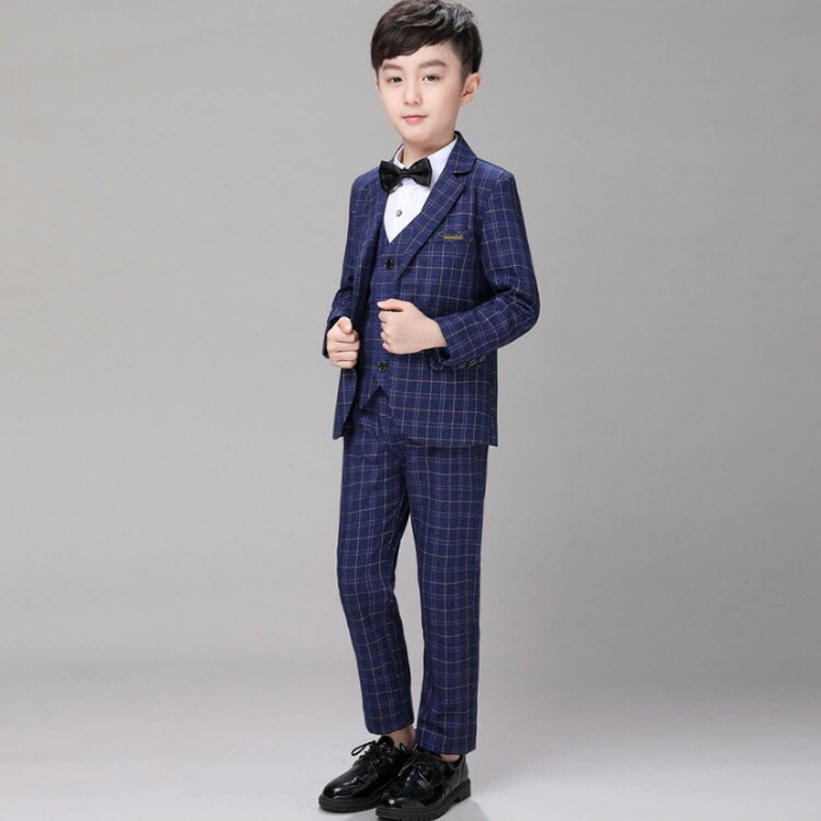 キッズ スーツセット チェック柄 フォーマル 5点セット 発表会 子供 スーツ 紺 スーツ 大きいサイズ ネイビー ネクタイ付き 結婚式 ロングパンツ 子供スーツ フォーマルスーツ セレモニー 入学式
