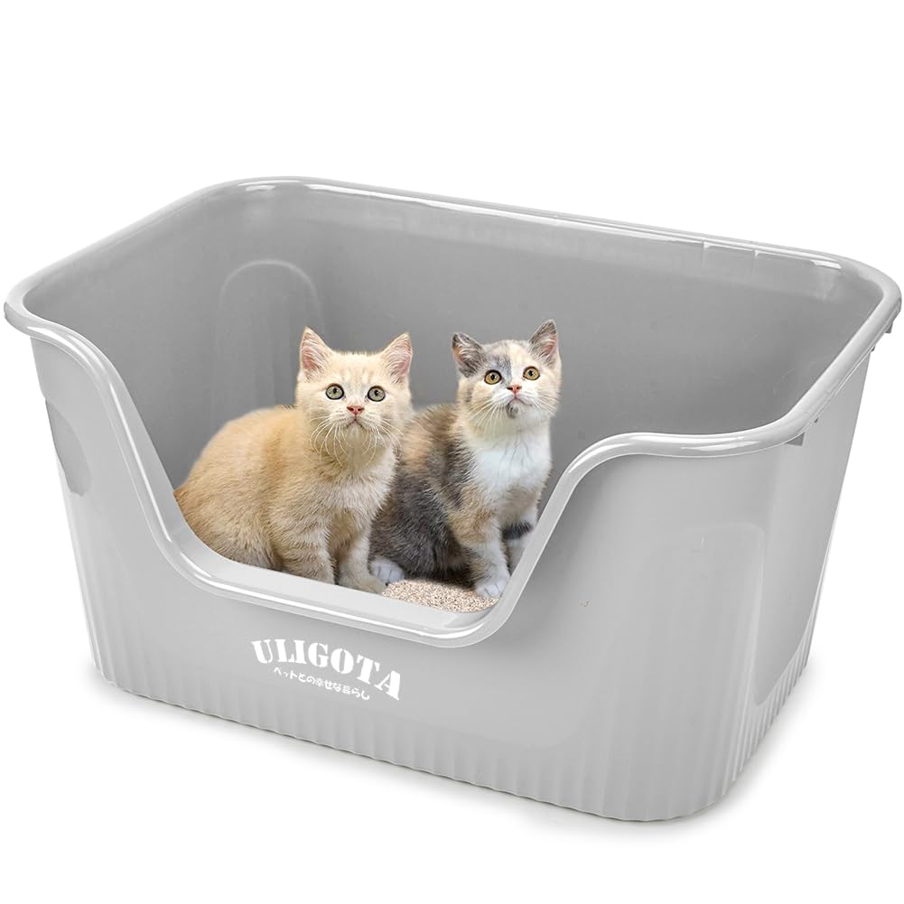 ULIGOTA 超大型猫用トイレ オープンタイプ 大きい猫 多猫 本体 簡単掃除 清潔 飛散防止 一体成形 幅64×奥45×高33cm【入り口までの高さ】14.4cm ライトグレー