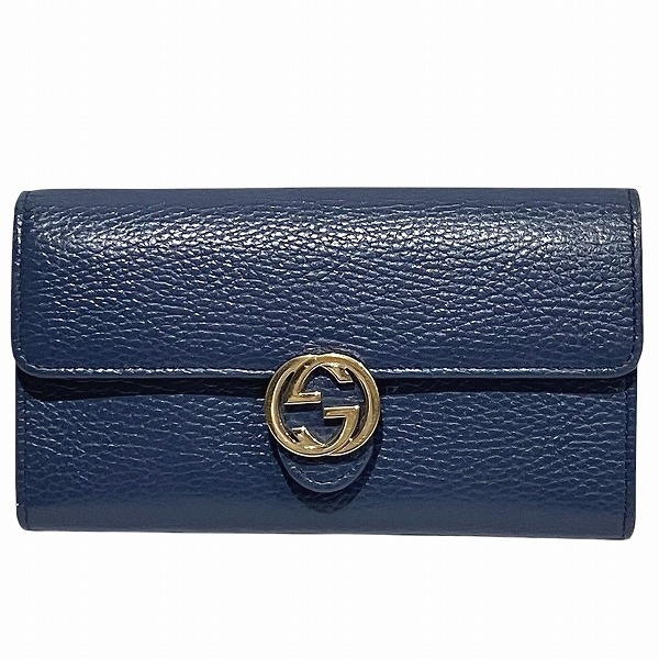 グッチ インターロッキングG 615524 ブルー 長財布 2つ折り財布 レディース 【中古】