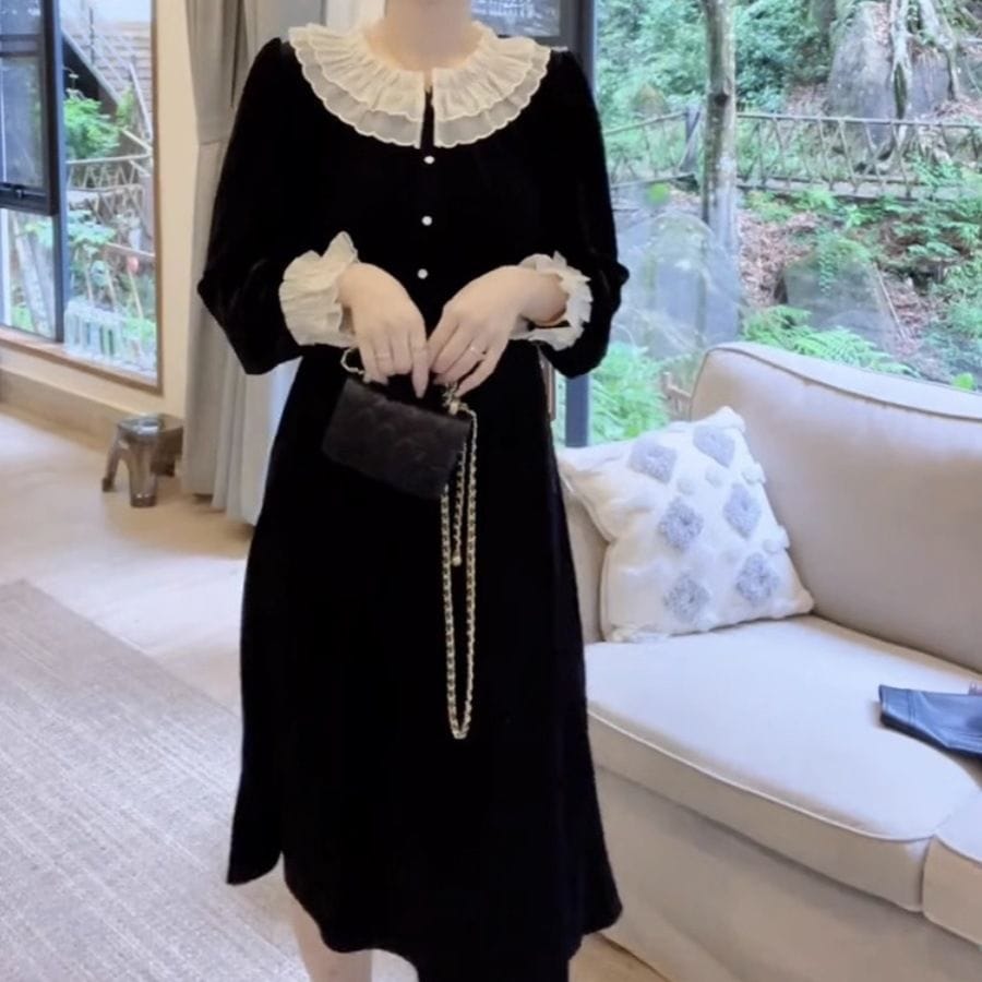 キャミワンピース 気質長袖ワンピースニットワンピースフレンチヴィンテージウエスト引き締めセミロングワンピース ワンピース