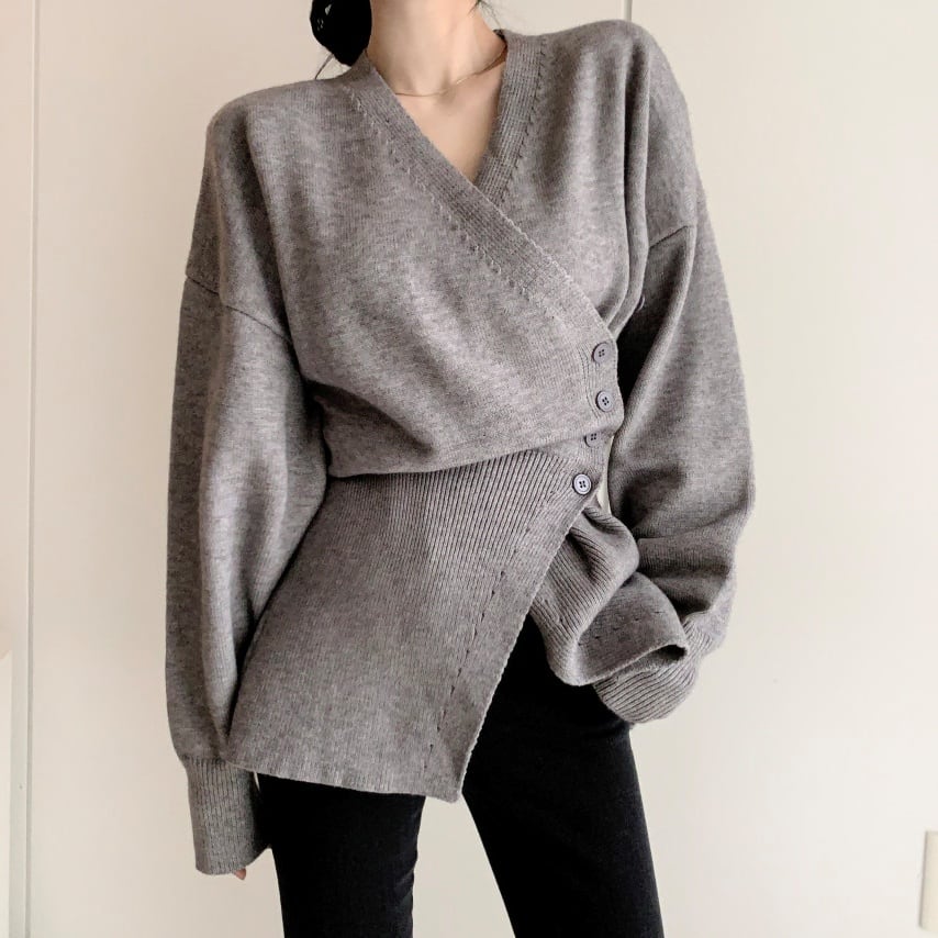 トップス カーディガン チュニック ニット Vネック ラップ 長袖 サイドボタン フロントクロス