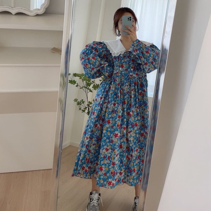 2color レディース ワンピース 花柄 ブルー グリーン 大人可愛い きれいめ 大人 上品