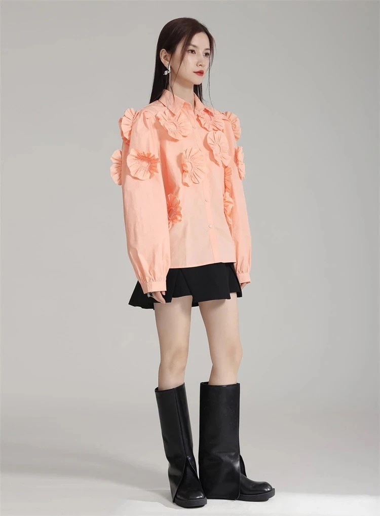 ブラウス フォールド 2024春秋 通勤する シャツ 気質 上着 立体花 長袖 デザインセンス ギャザリング スリム レディーストップスシャツブラウス