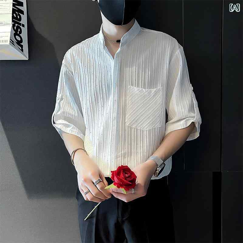 Yシャツ メンズ トップス シャツ おしゃれ ストライプシャツ 半袖 七分袖 夏 カジュアル オフィス スタイリッシュ アーバン 大人 紳士服