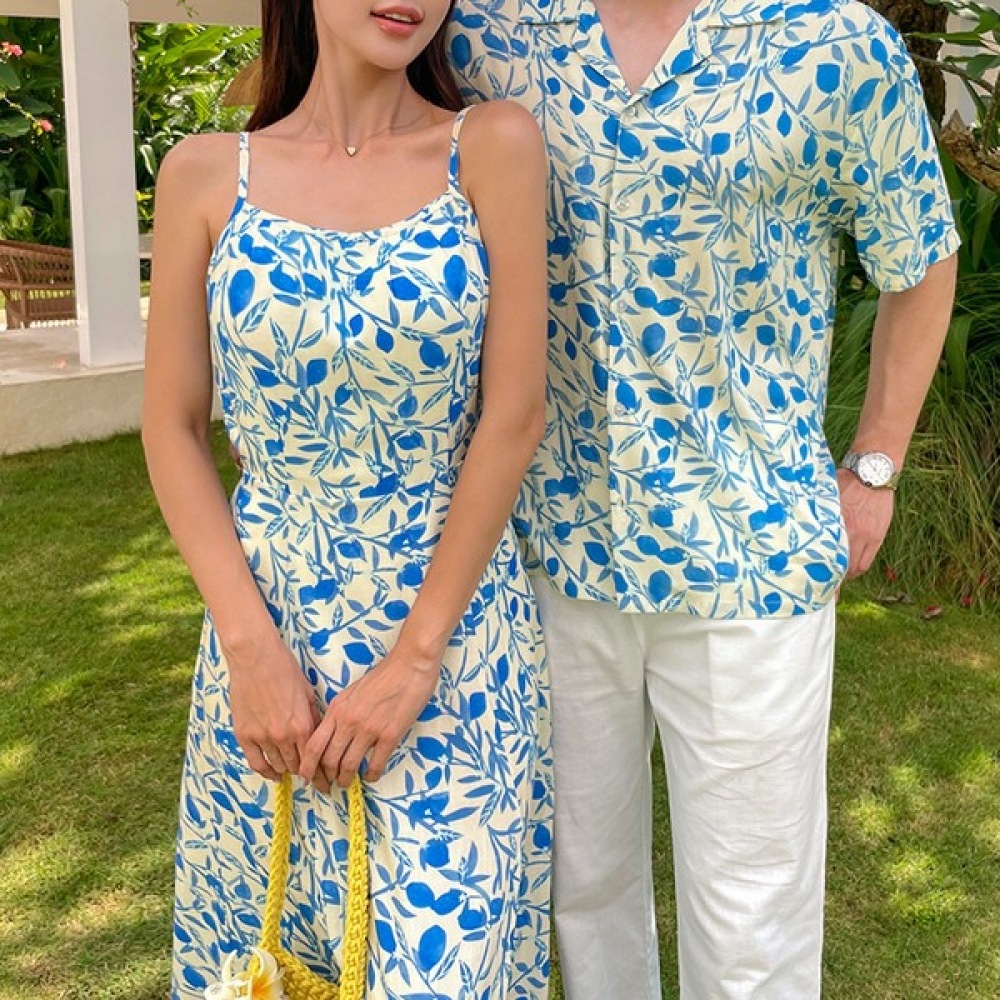 (Vivarup) レモンティーハネムーンカップルルック OP20144F サマーストラップオフショルダー半袖シャツフラワーハワイアンロングビーチドレスハネムーンリゾートバケーションビーチウェア